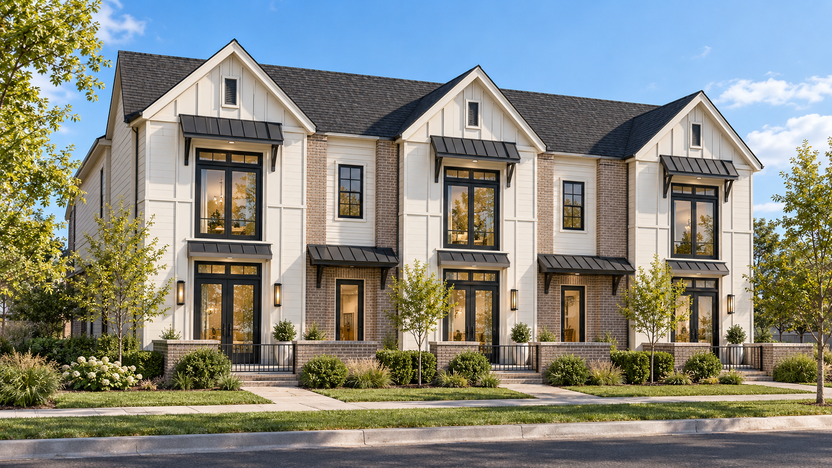 AI concept of a two-story townhome building, based on supplied Channel Crossings elevations